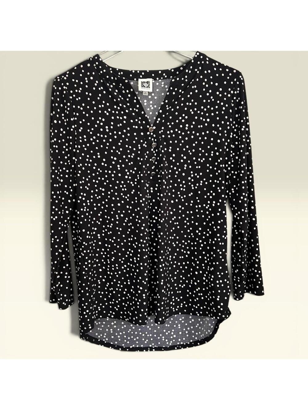Anne Klein Women's Small Black Polka Dot Henley Top Long Sleeve V-Neck
